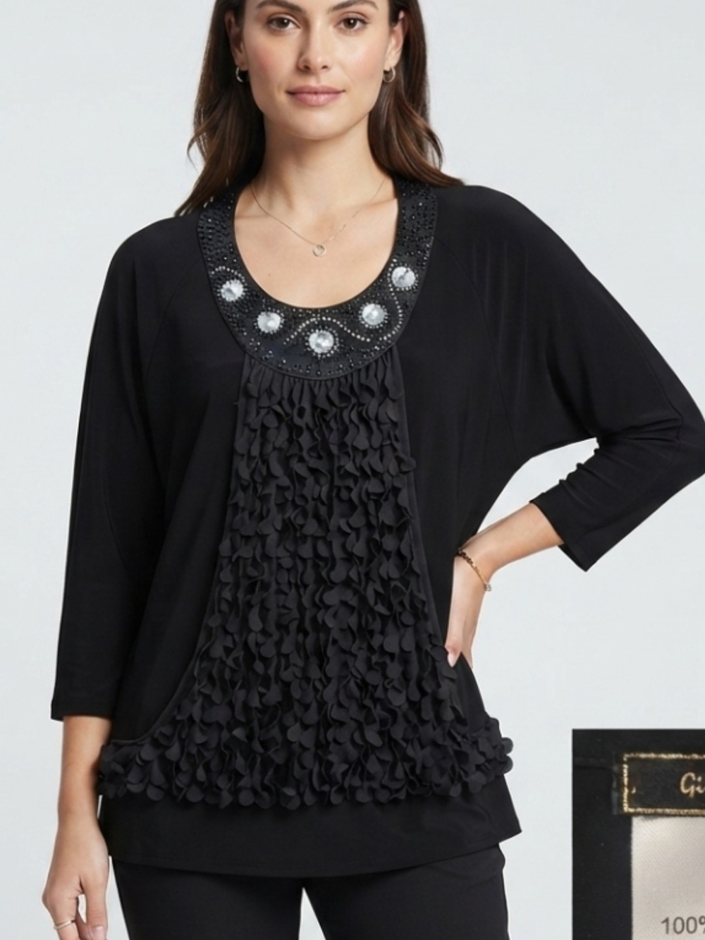 Girl of Night Black Rhinestone Embellished Overlay Tunic Top – European Size 44